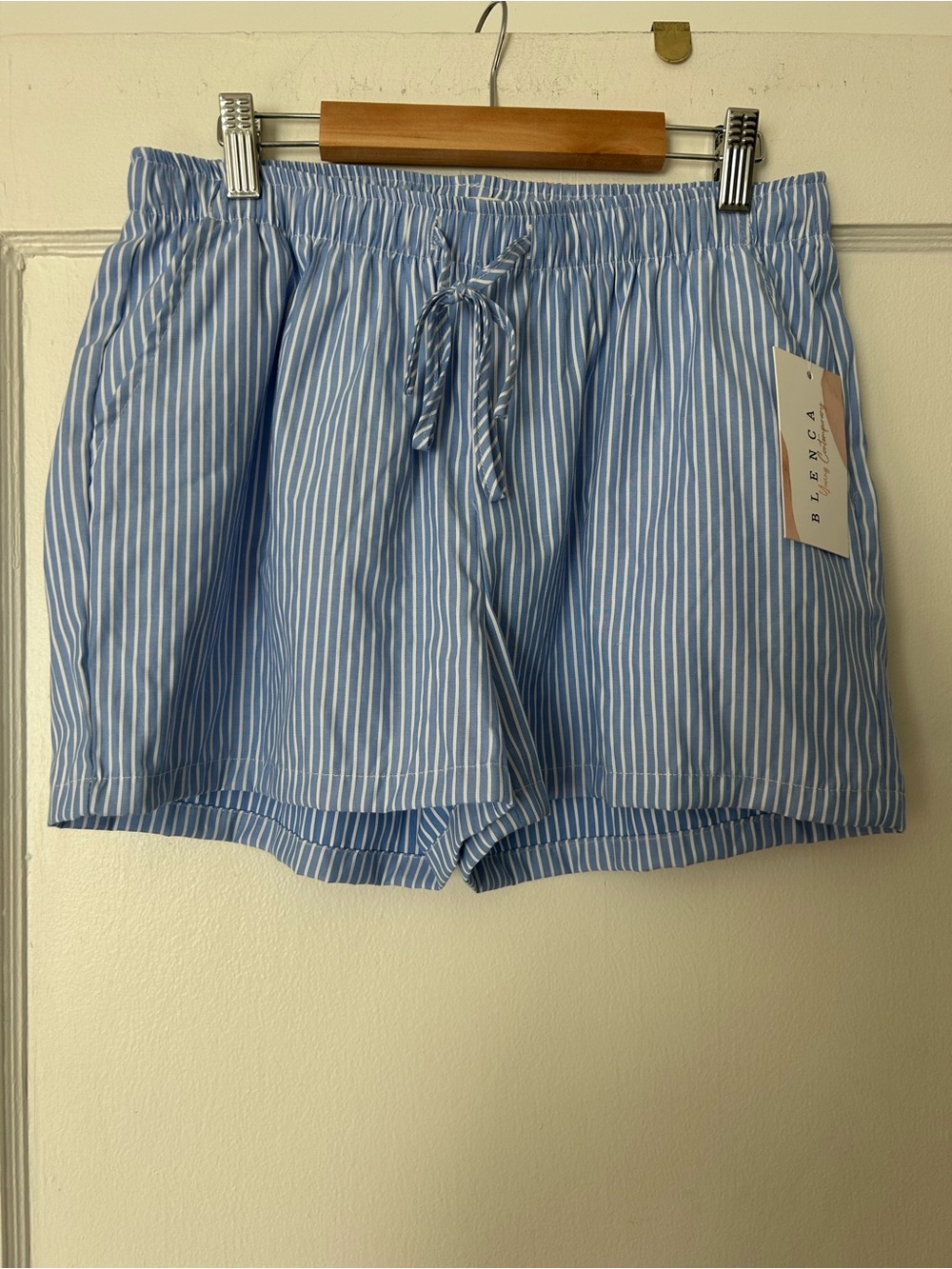 Light Blue Striped High-Waist Drawstring Shorts
